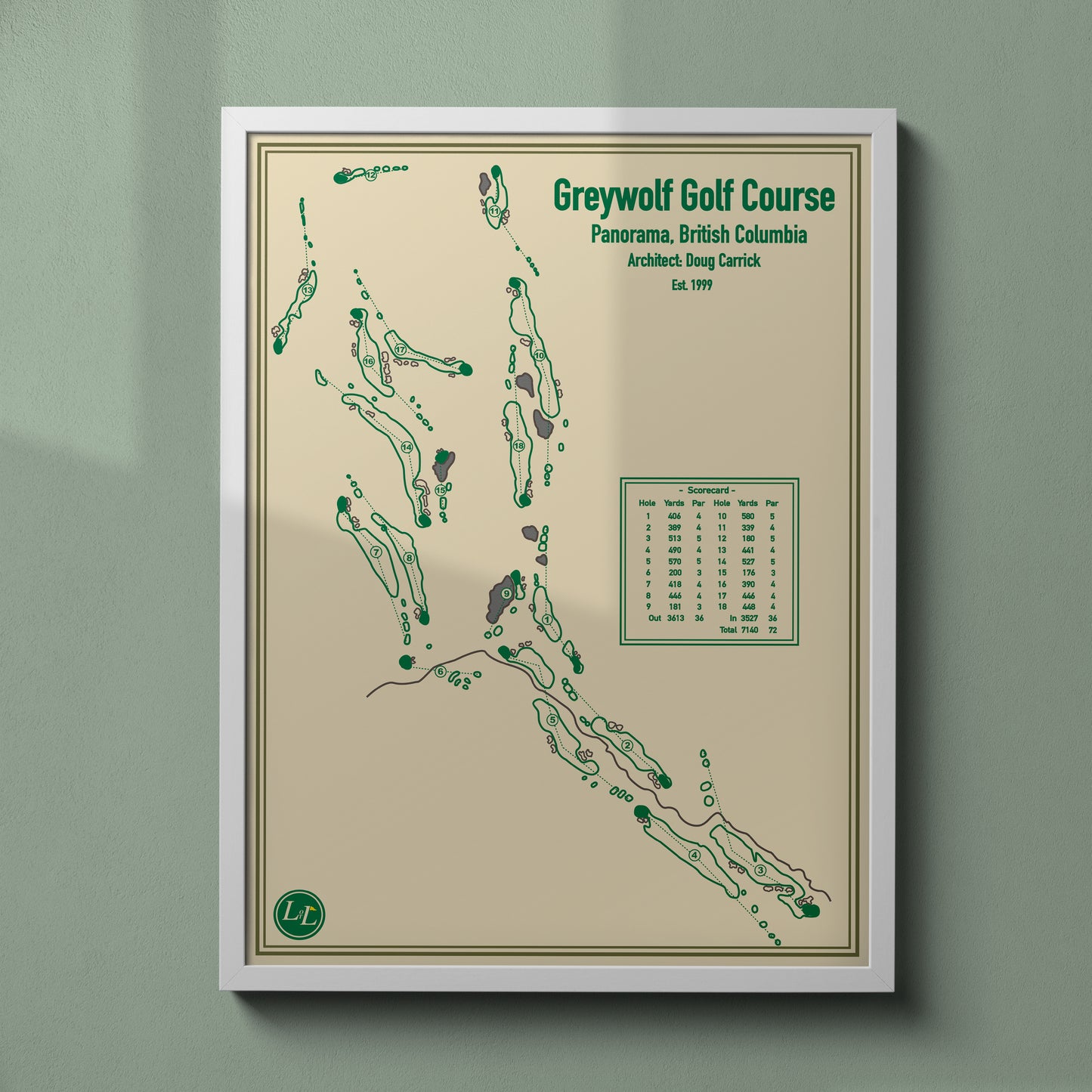 White Framed Course map of Greywolf Golf Course - Blueprint Series