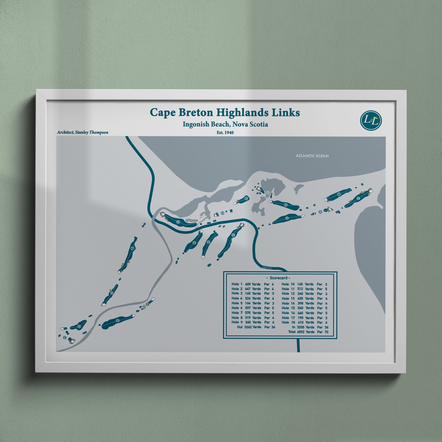 White Framed map of Cape Breton Highlands Links - Legacy Series