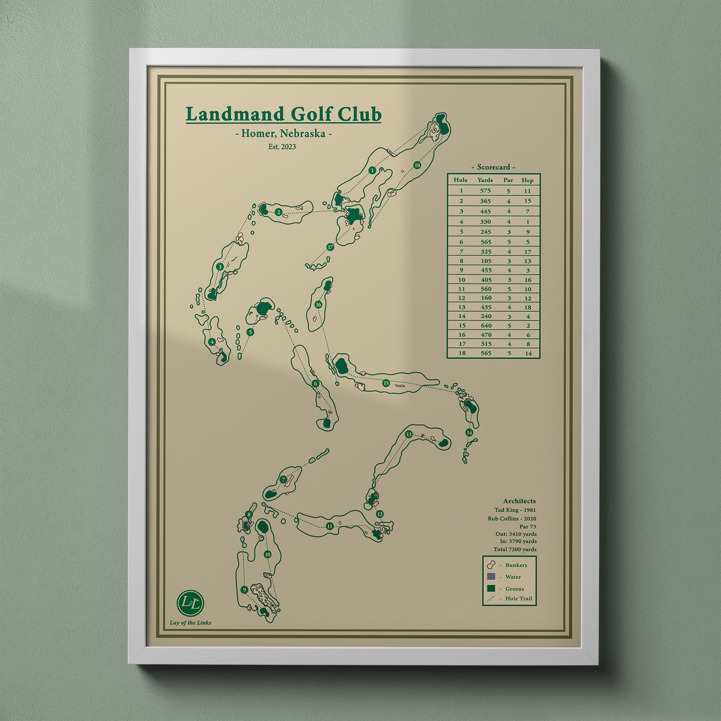 Landmand Golf Club map print in a white frame, featuring the bold public course in Homer, Nebraska.