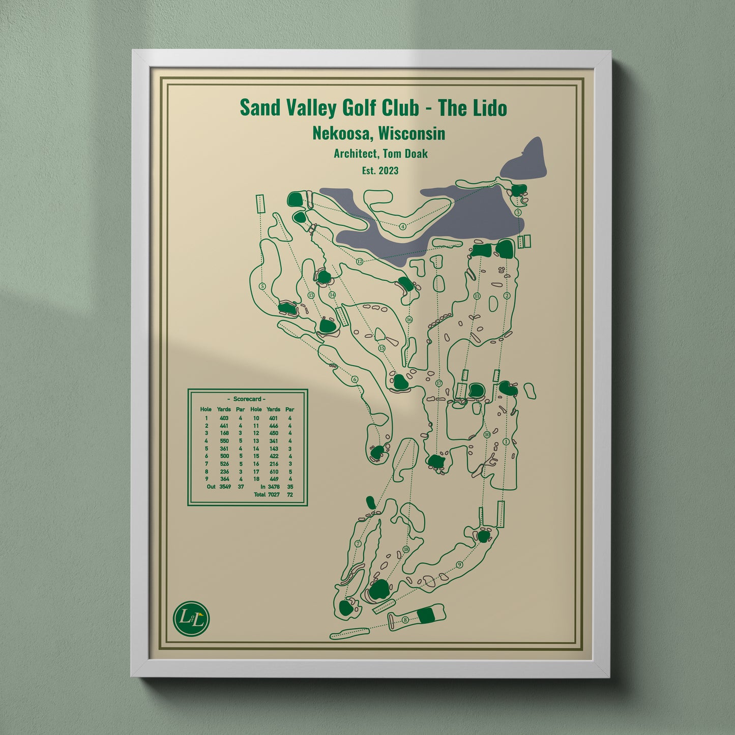Sand Valley Golf Club - The Lido Golf Course Map Print - Blueprint Series - White Frame