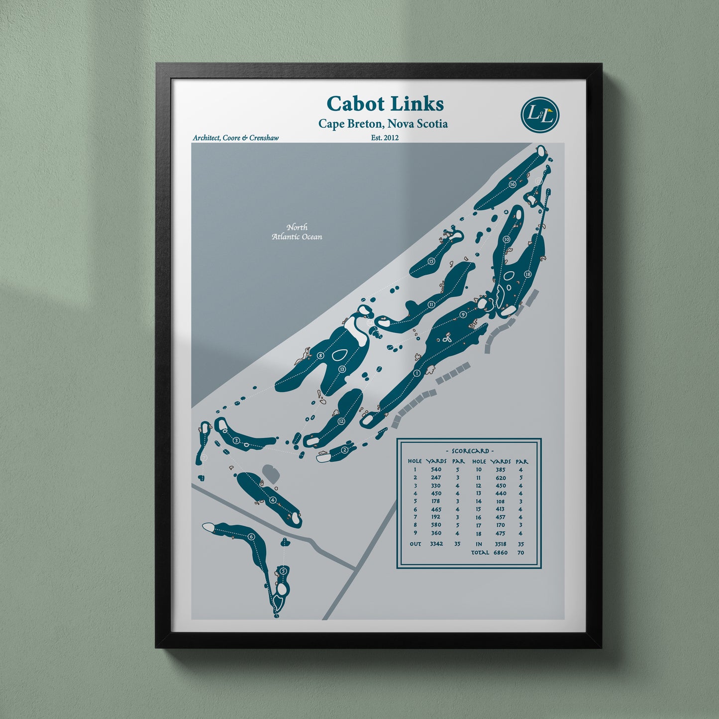 Black Framed map of Cabot Links golf course in Cape Breton, Nova Scotia - Legacy Series