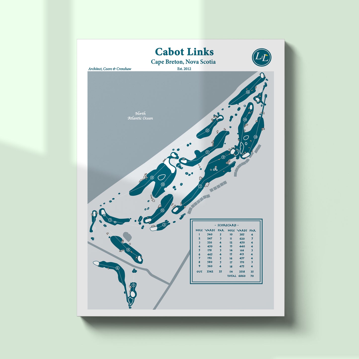 Unframed map of Cabot Links golf course in Cape Breton, Nova Scotia - Legacy Series
