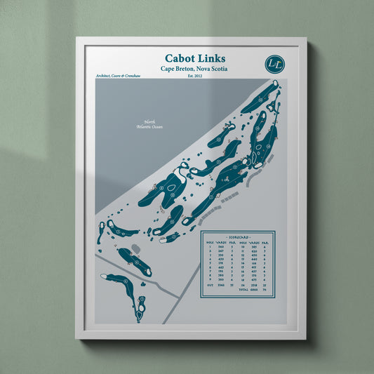 White Framed map of Cabot Links golf course in Cape Breton, Nova Scotia - Legacy Series