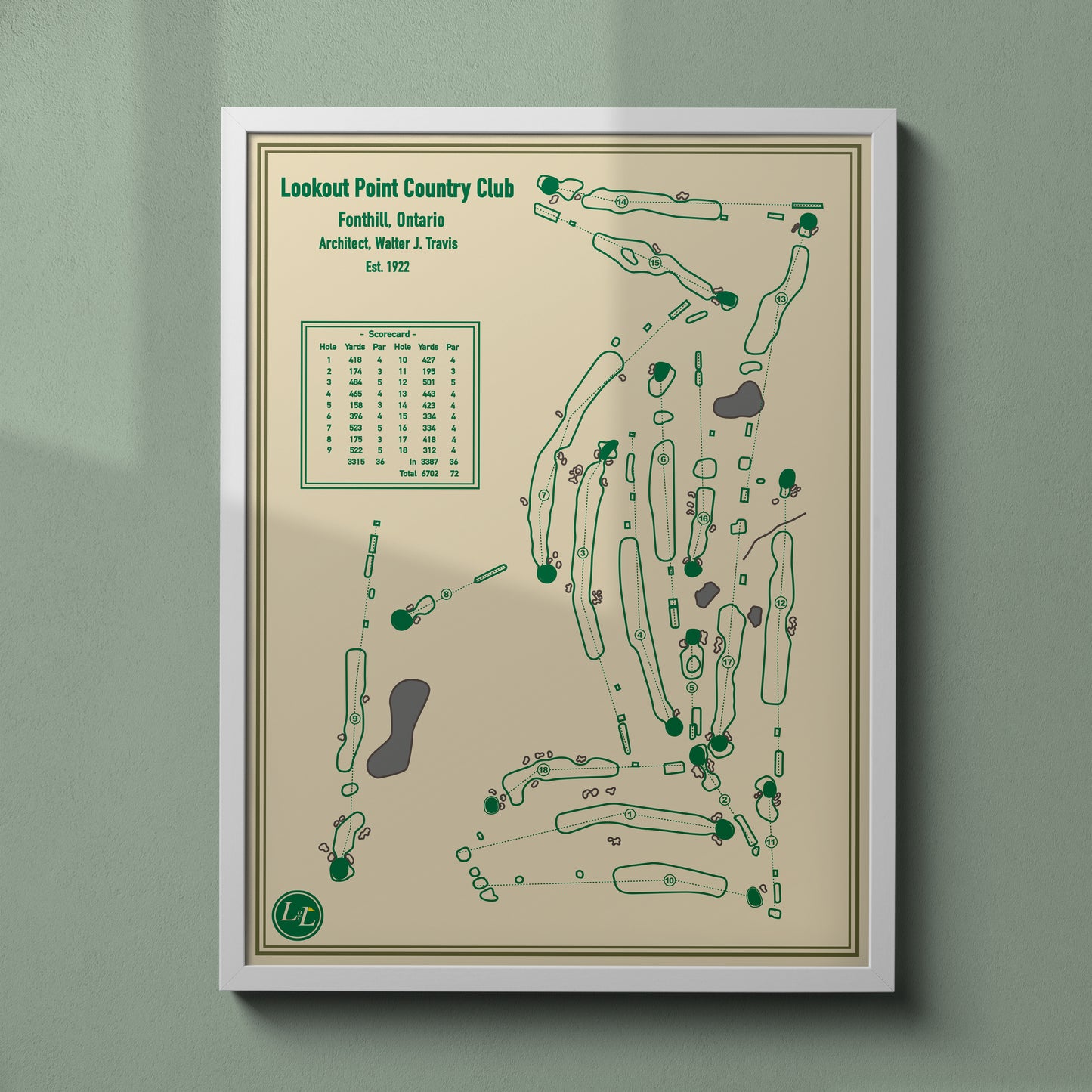 Framed golf course map of Lookout Point Country Club - Blueprint Series