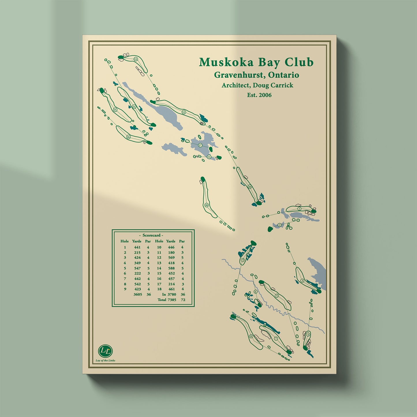 Unframed Muskoka Bay Club course map poster print showing the winding routing through the Muskoka forest.