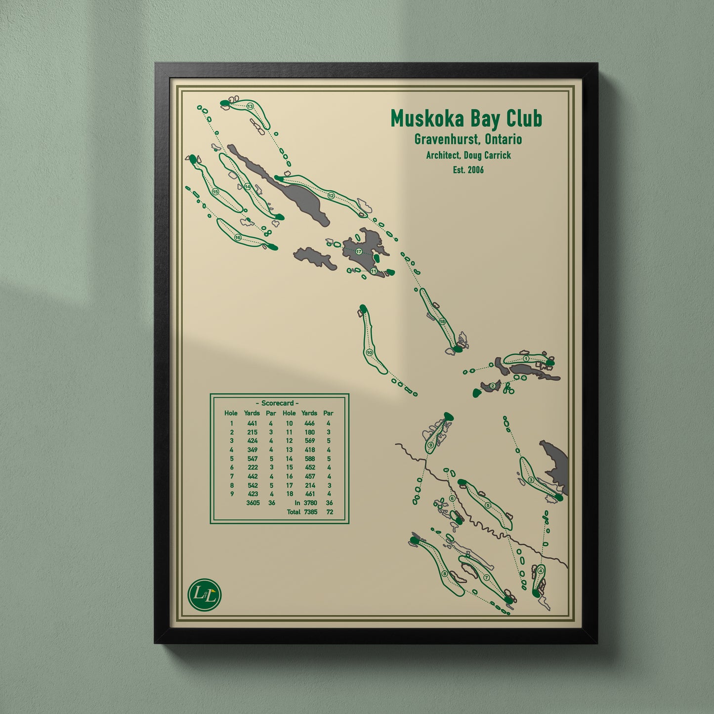 Black Framed Course map of Muskoka Bay Club - Blueprint Series
