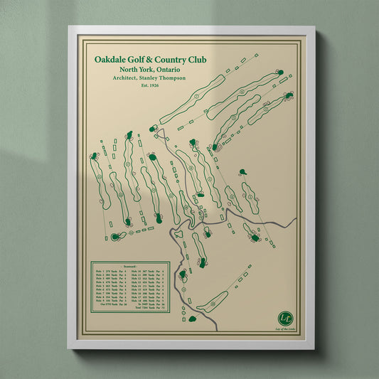 Oakdale Golf & Country Club map print in a white frame showing the unique 27-hole composite layout in Toronto.