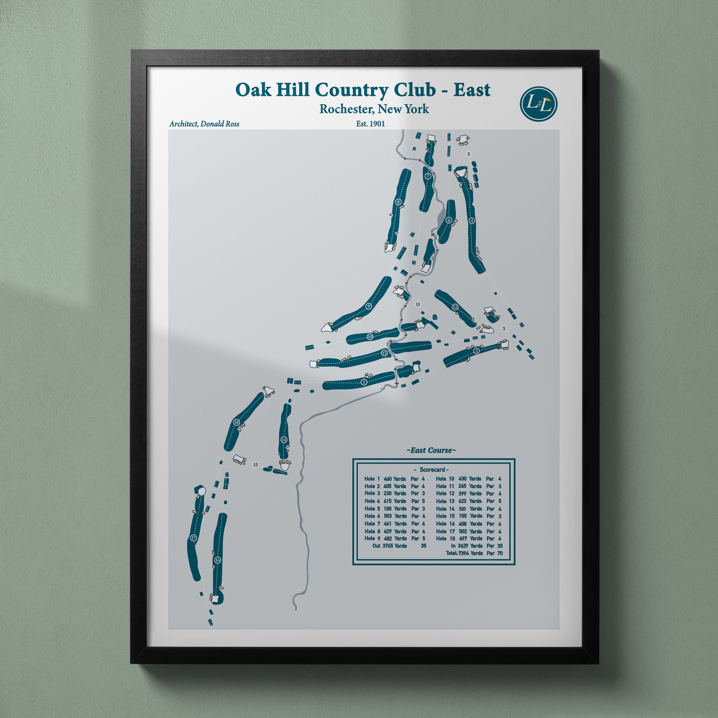 East Course - Oak Hill Country Club Course Map - Legacy Series - Black Frame
