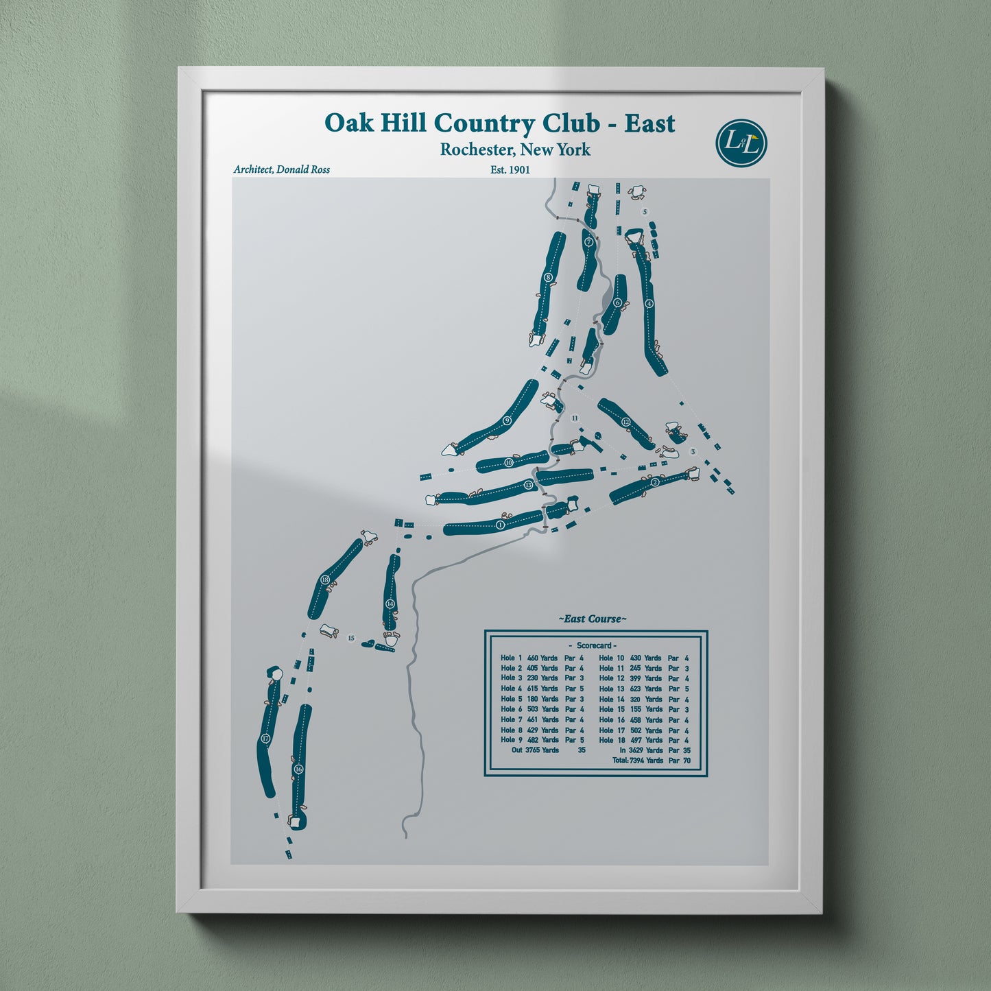 East Course - Oak Hill Country Club Course Map - Legacy Series - White Frame