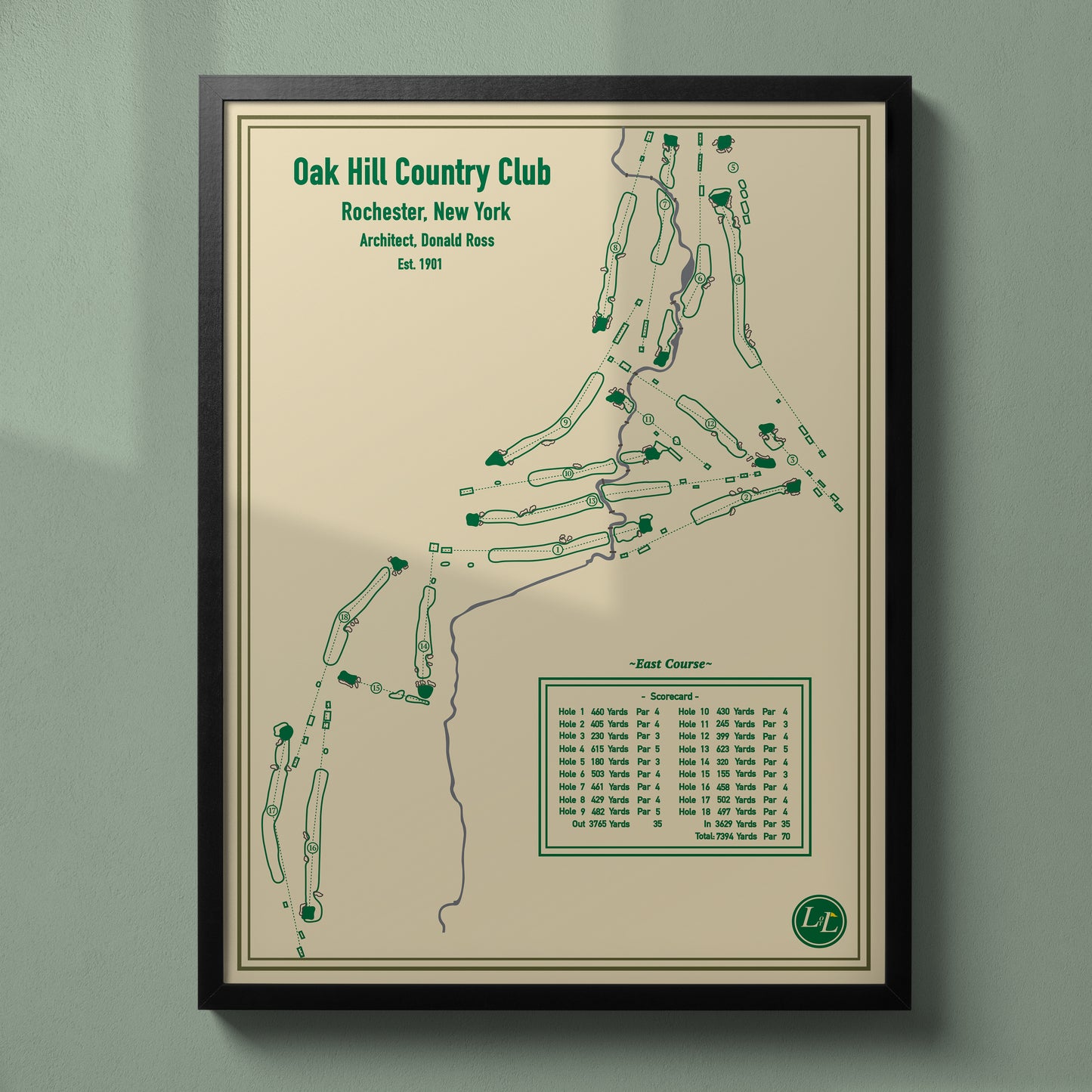 East Course - Oak Hill Country Club Course Map - Blueprint Series - Black Frame