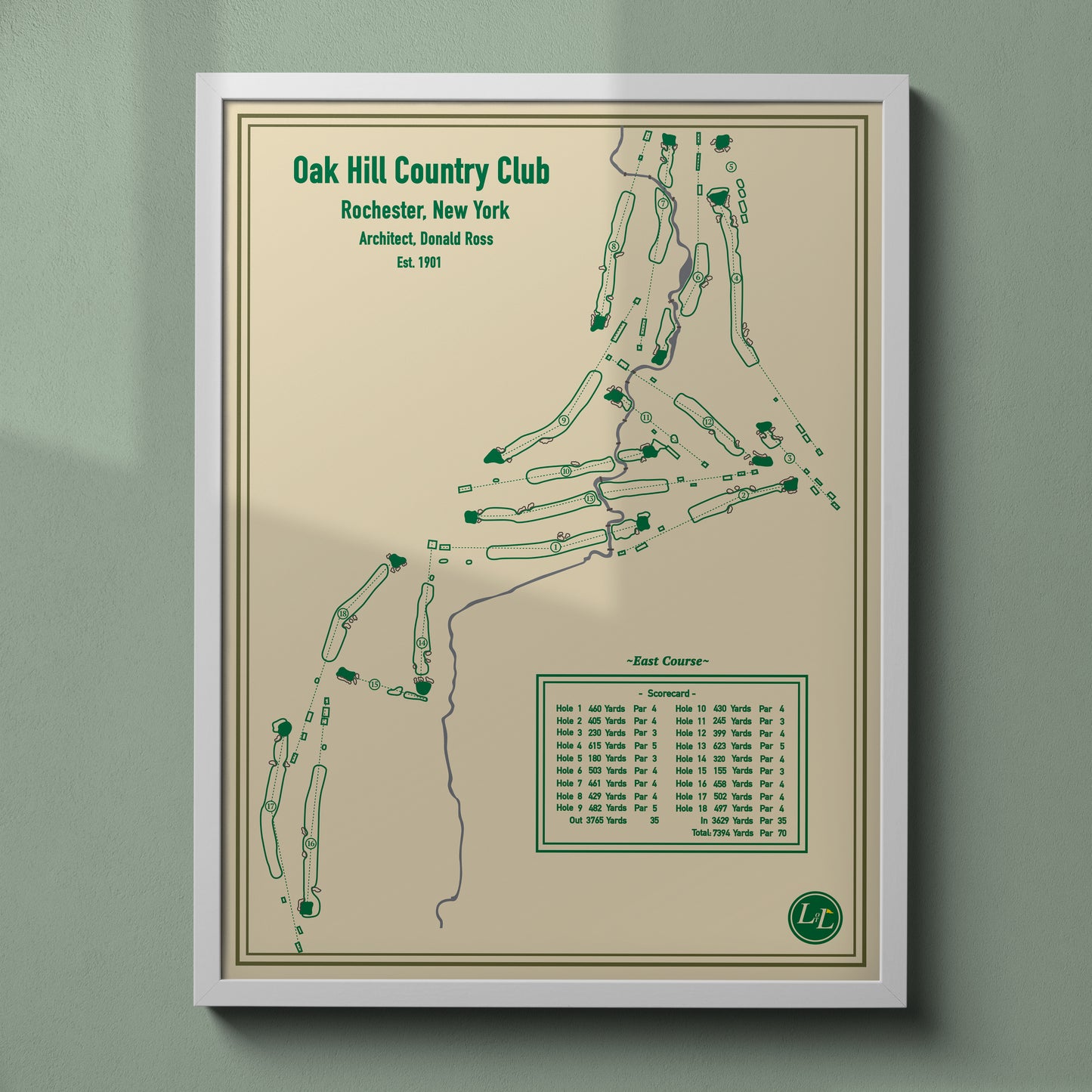 East Course - Oak Hill Country Club Course Map - Blueprint Series - White Frame