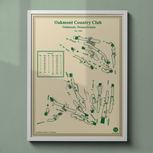Oakmont Country Club map print in a white frame, featuring the historic venue known as the hardest test in U.S. Open history.