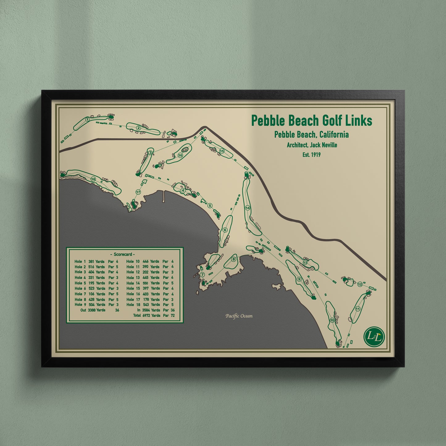 Pebble Beach Golf Links Course Map - Blueprint Series - Black Frame
