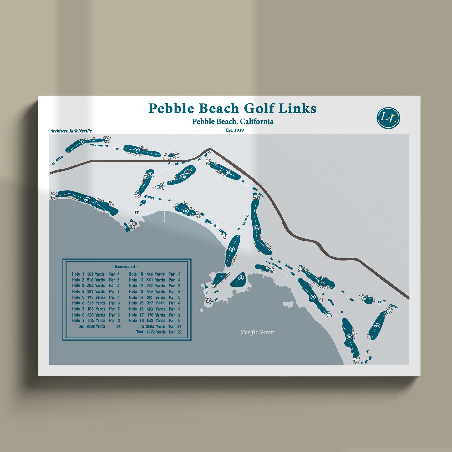 Pebble Beach Golf Links Course Map - Legacy Series - Unframed