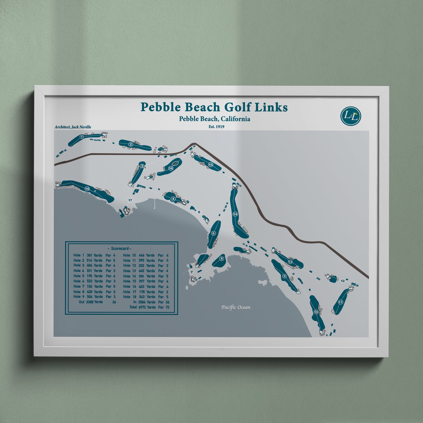 Pebble Beach Golf Links Course Map - Legacy Series - White Frame