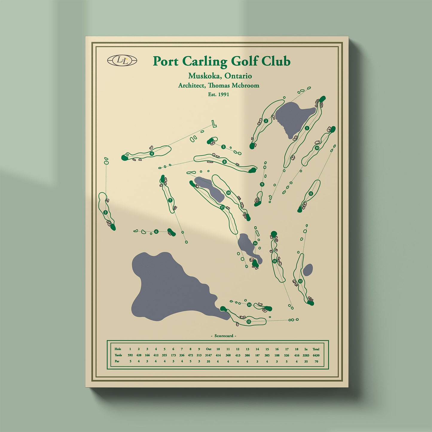 Unframed Port Carling course map poster print showing the exclusive private club routing in the heart of Muskoka.