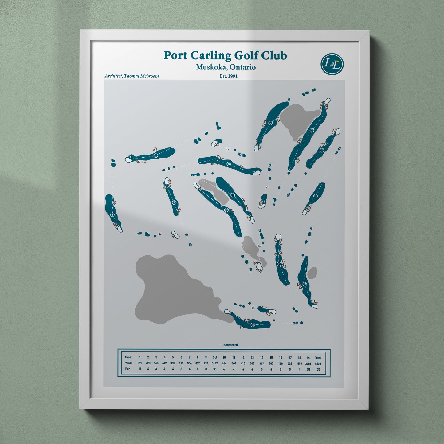 Port Carling Golf Club Golf Course Map Print - Legacy Series - White Frame