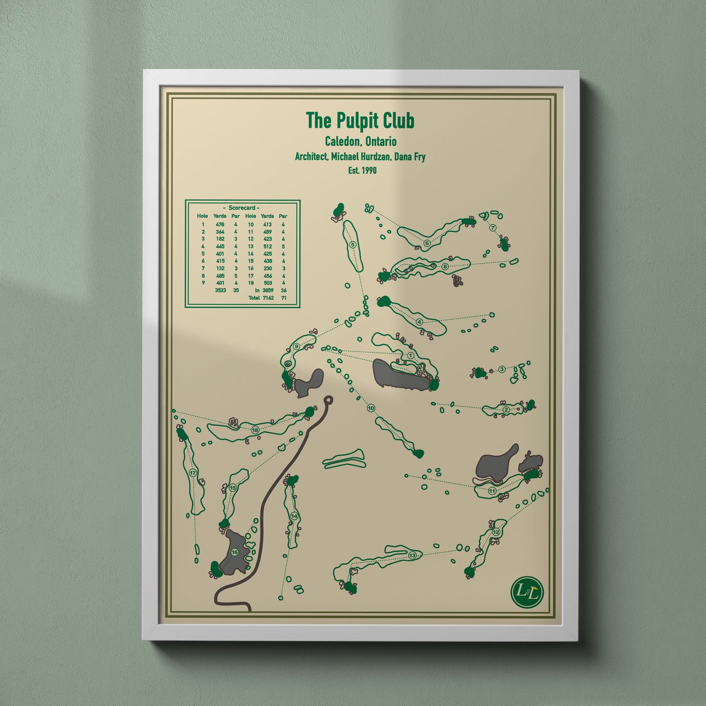 Course Map of The Pulpit Golf Club - White Frame - Blueprint Series