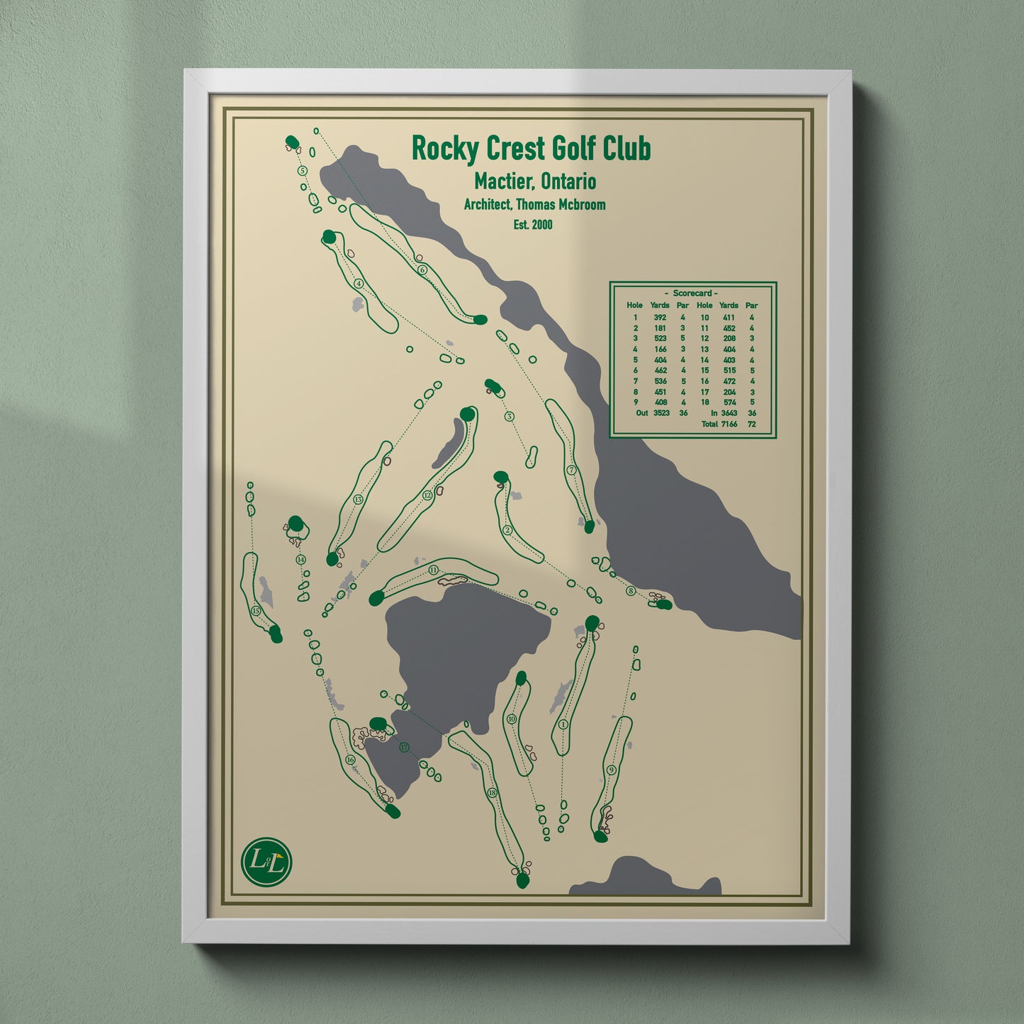 Rocky Crest Golf Club Golf Course Map Print - Blueprint Series - White Frame