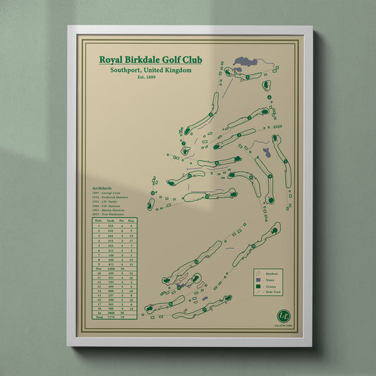 Royal Birkdale map print in a white frame, featuring the historic Open Championship venue on England's Golf Coast.