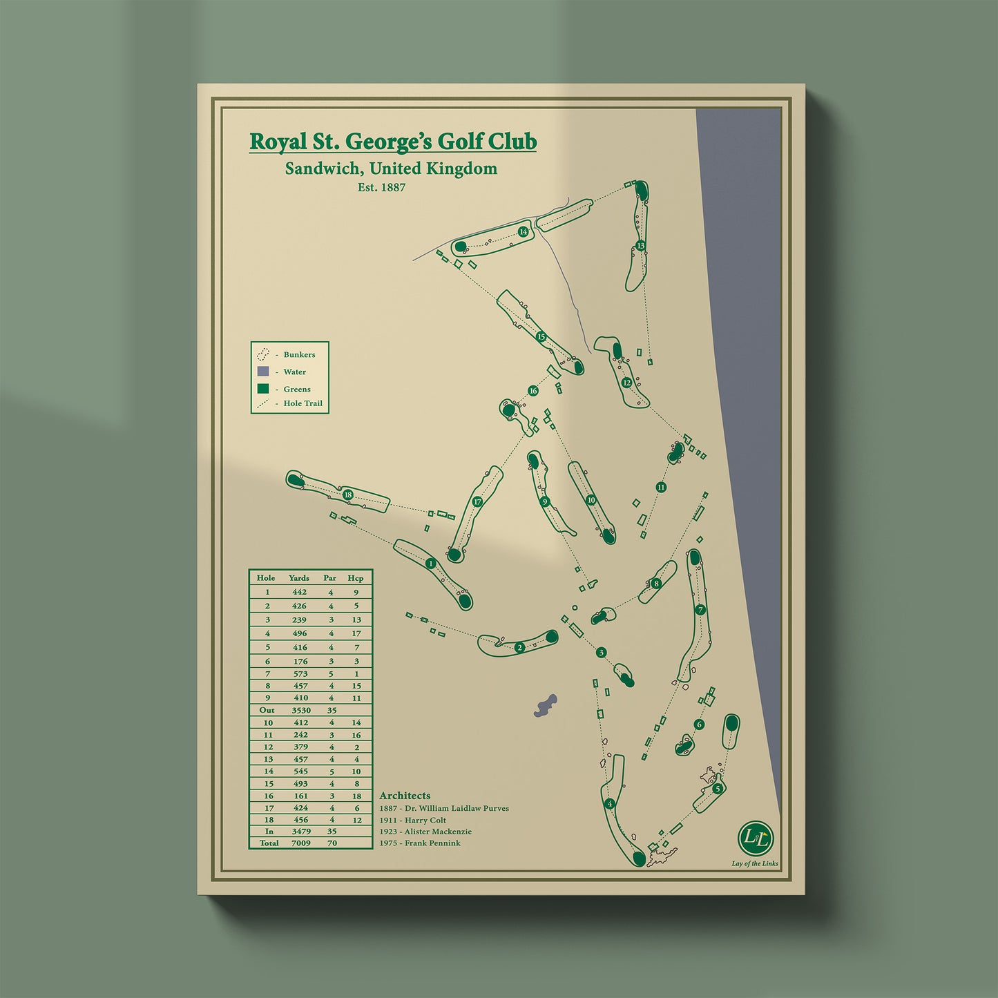 Unframed Royal St. George's course map poster print showing the full routing and famous blind shots.
