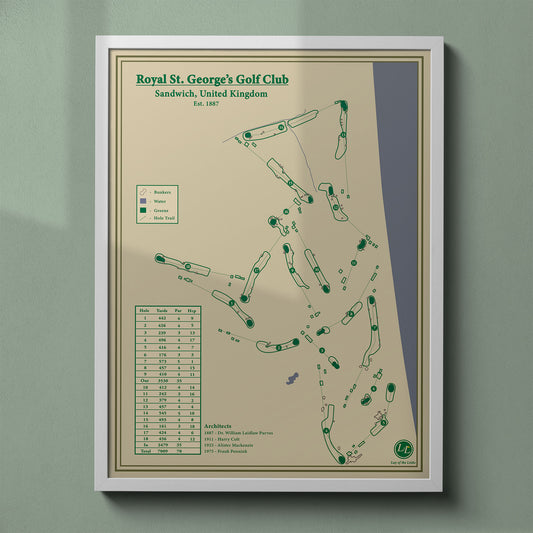 Royal St. George's map print in a white frame, featuring the historic Open Championship venue in Sandwich, Kent.