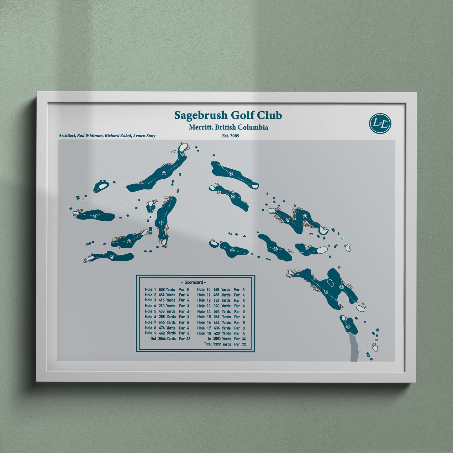 White Framed Course map of Sagebrush Golf Club - Legacy Series