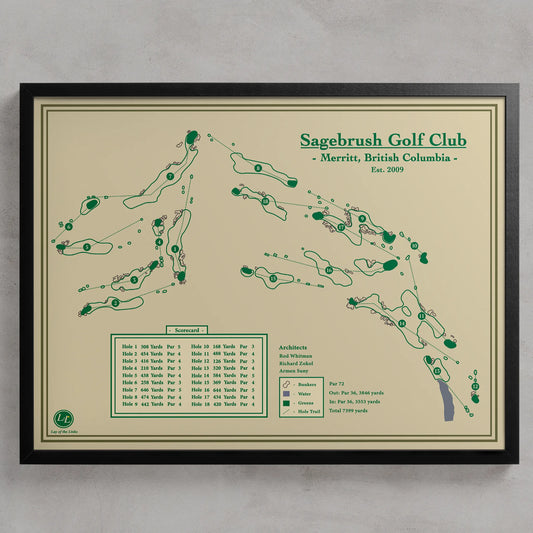 Framed Sagebrush Golf Club map in a black wood frame showing the minimalist Rod Whitman design and Nicola Lake views.