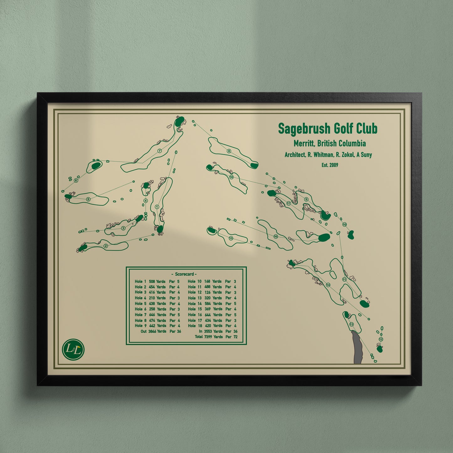 Black Framed Course map of Sagebrush Golf Club - Blueprint Series
