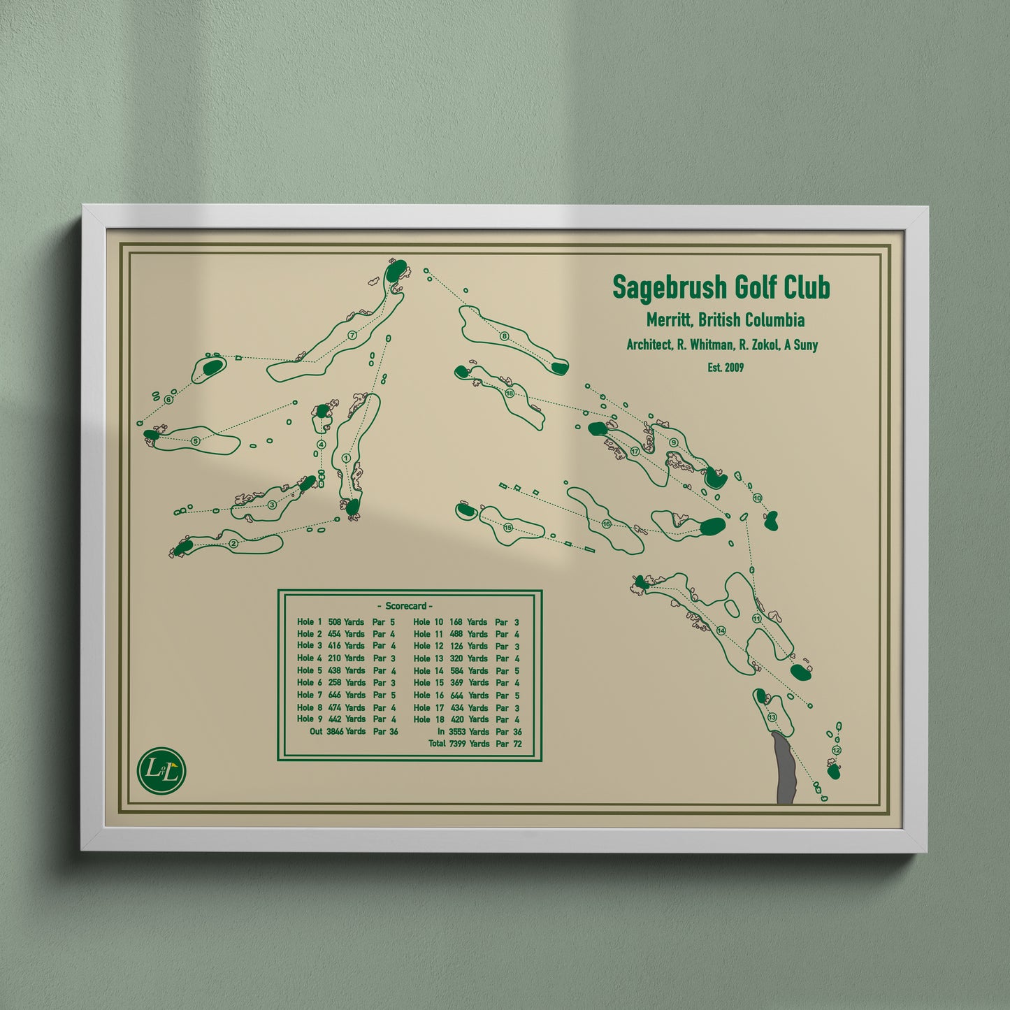 White Framed Course map of Sagebrush Golf Club - Blueprint Series
