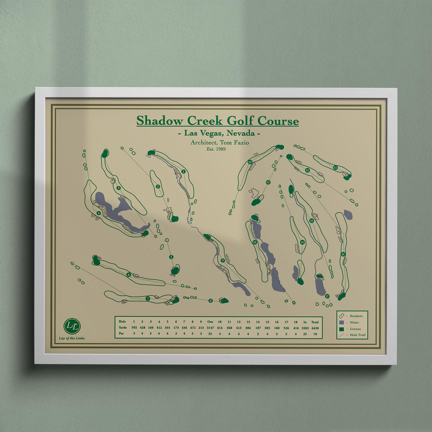 Shadow Creek map print in a white frame, featuring the ultra-exclusive course in Las Vegas, Nevada.