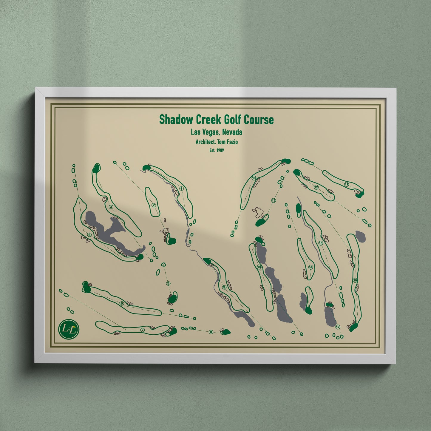 Shadow Creek Golf Course Map Print - Blueprint Series - White Frame