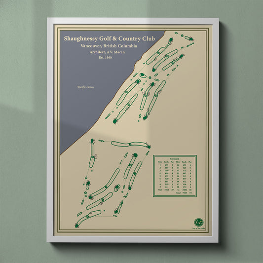 Shaughnessy Golf & Country Club map print in a white frame, featuring the historic Canadian Open venue in Vancouver.
