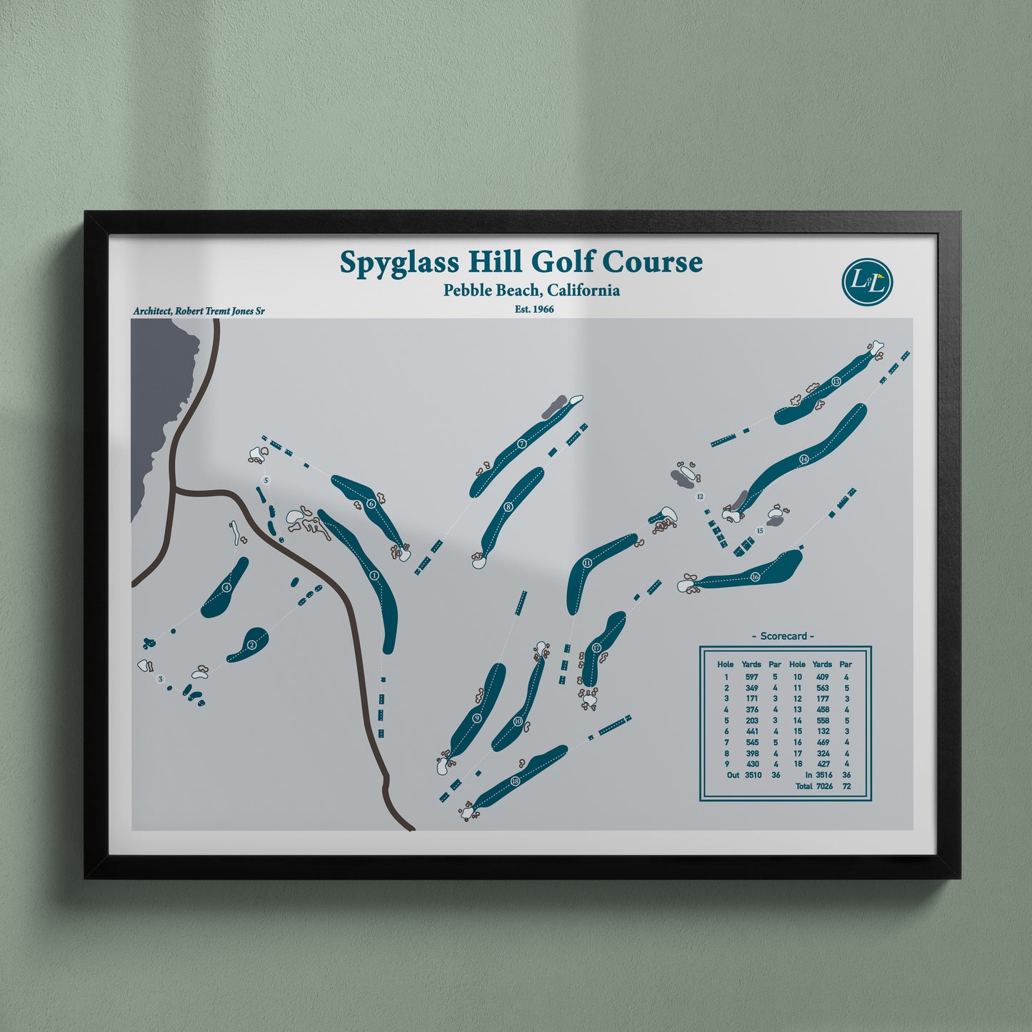 Spyglass Hill Golf Course Map Print - Legacy Series - Black Frame