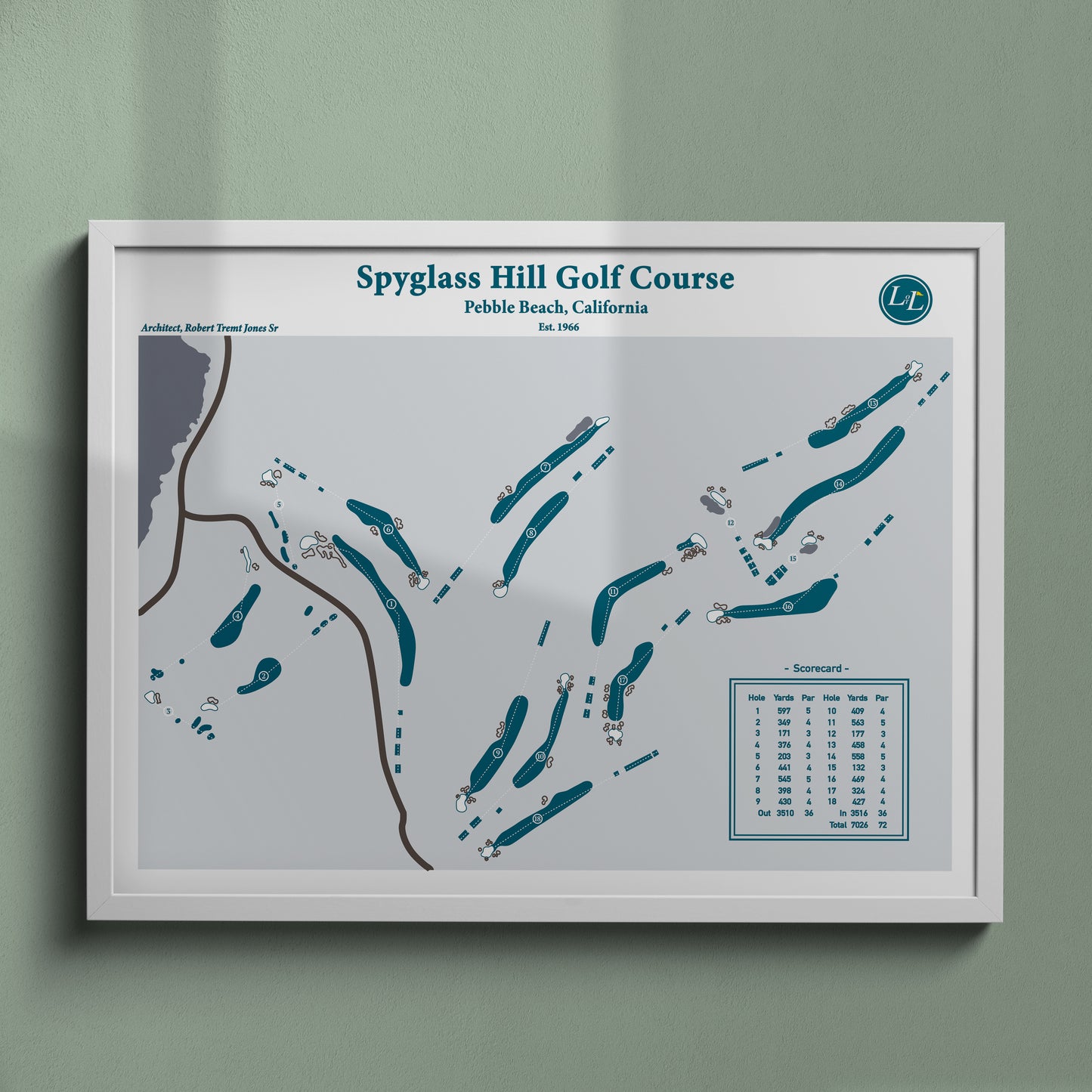 Spyglass Hill Golf Course Map Print - Legacy Series - White Frame