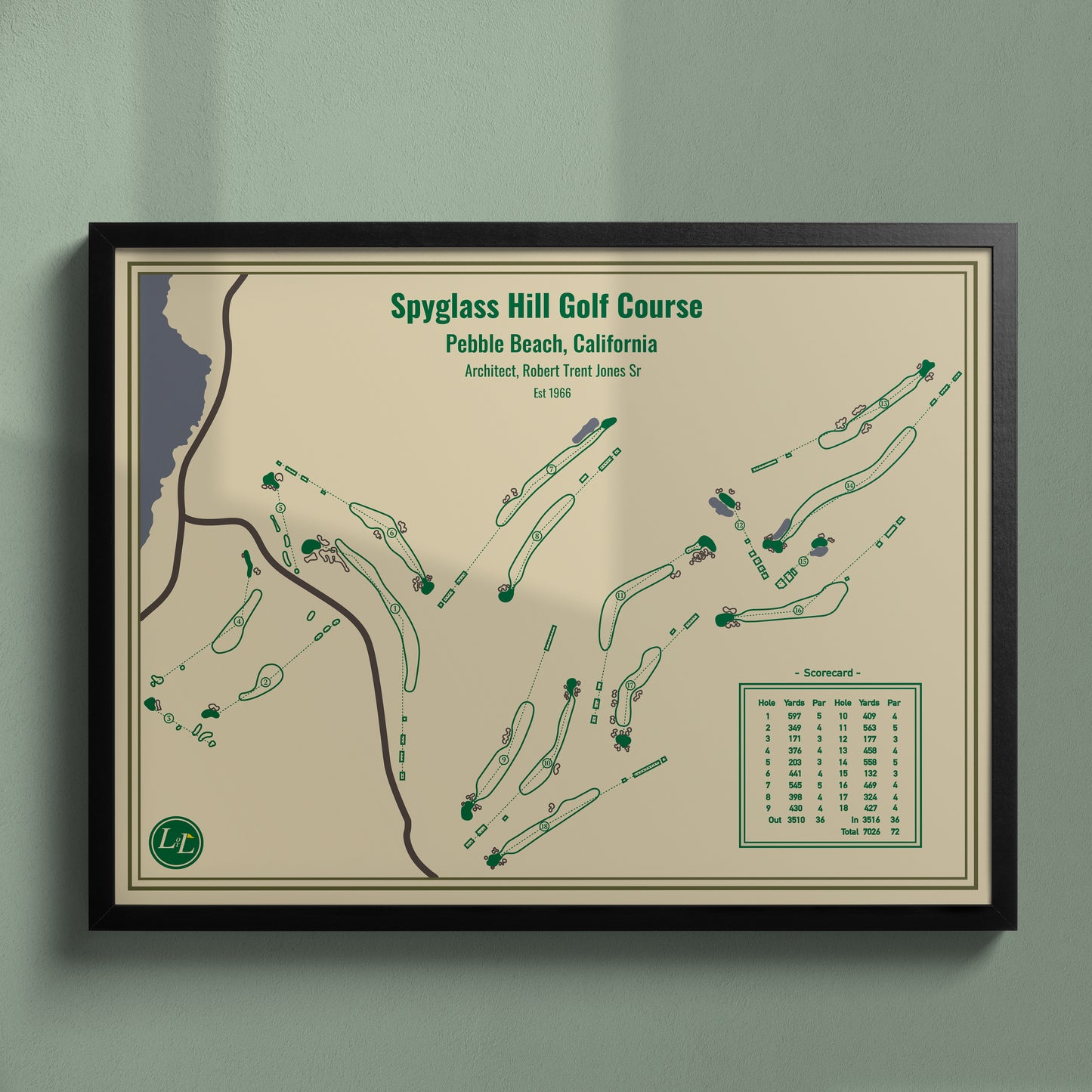 Spyglass Hill Golf Course Map Print - Blueprint Series - Black Frame