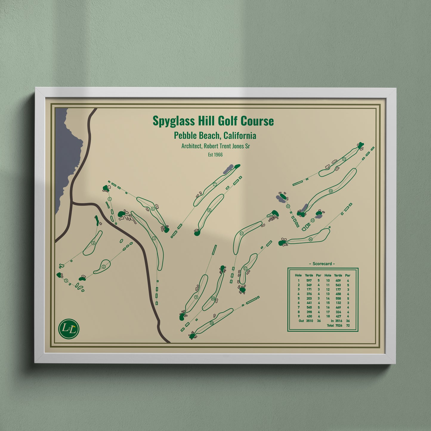 Spyglass Hill Golf Course Map Print - Blueprint Series - White Frame