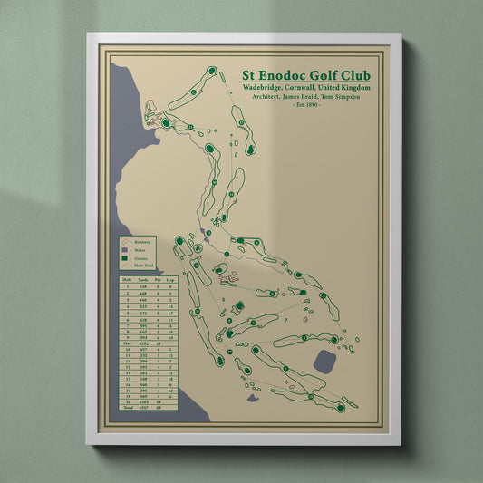 St Enodoc Church Course map print in a white frame, featuring the famous Himalaya bunker and ancient church landmark.