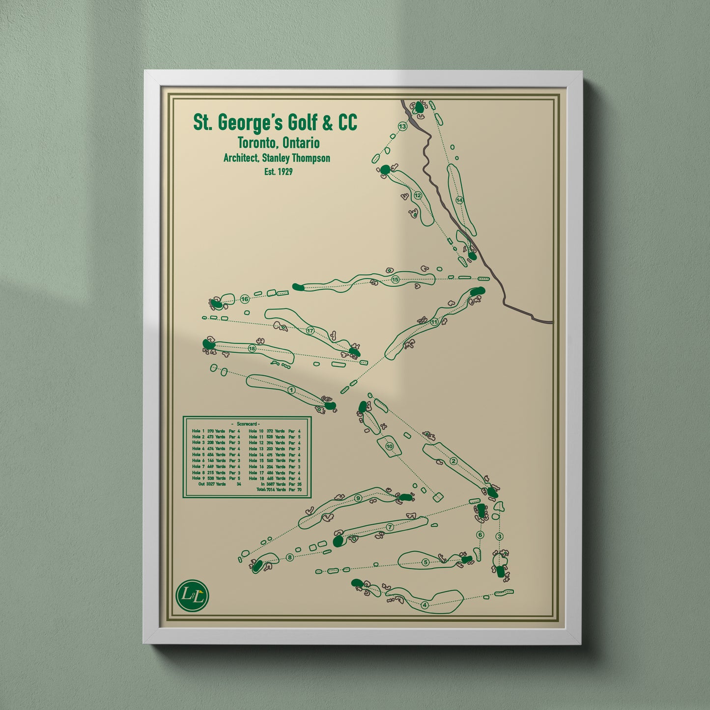 White Framed Course Map of St. George's Golf & CC - Blueprint Series