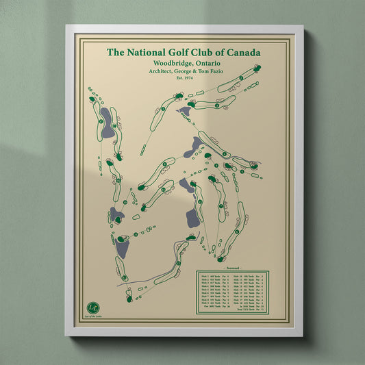 The National Golf Club of Canada map print in a white frame, featuring the layout known as the country's toughest test of golf.