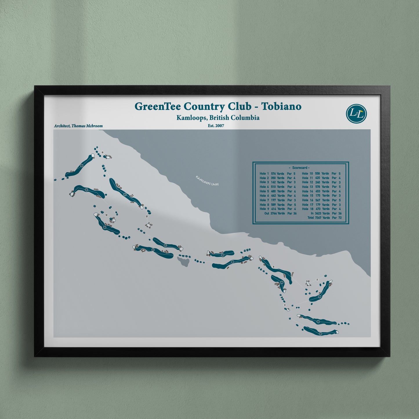 Black Framed Course map of GreenTee Country Club Tobiano - Legacy Series