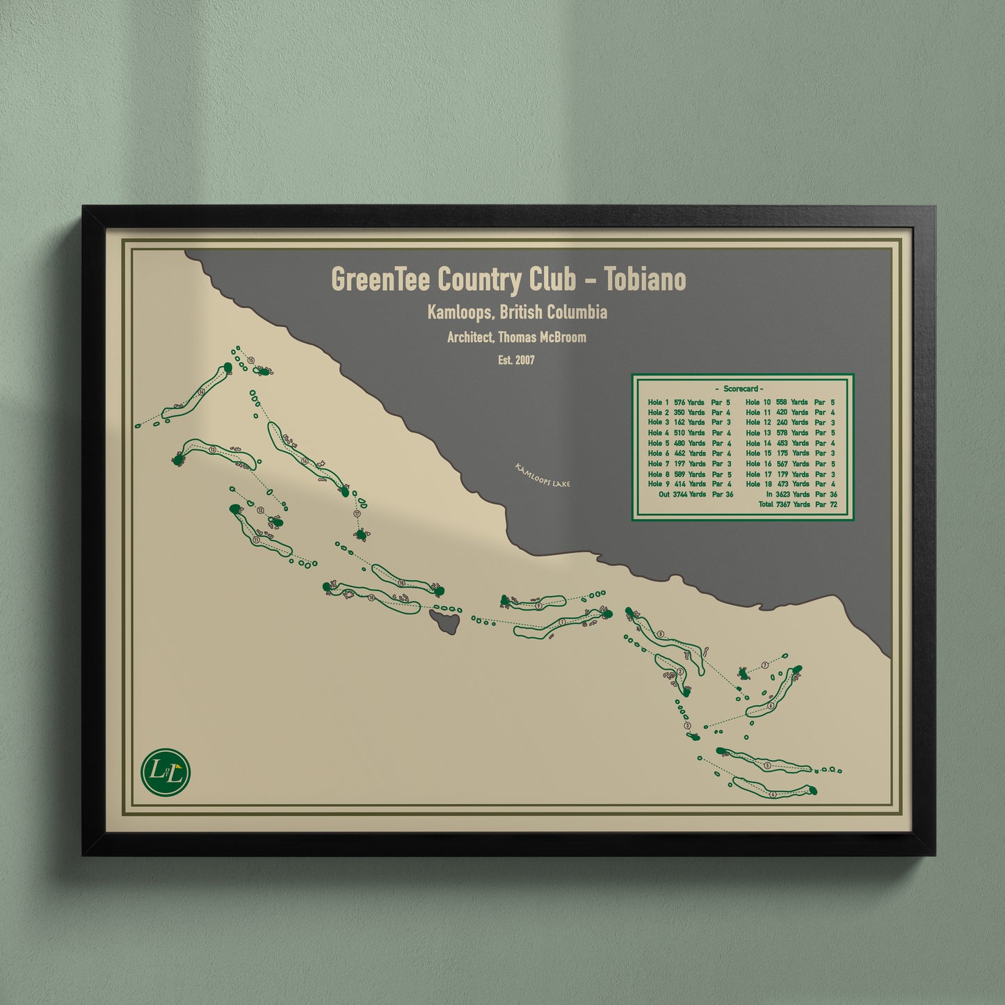 Black Framed Course map of GreenTee Country Club Tobiano