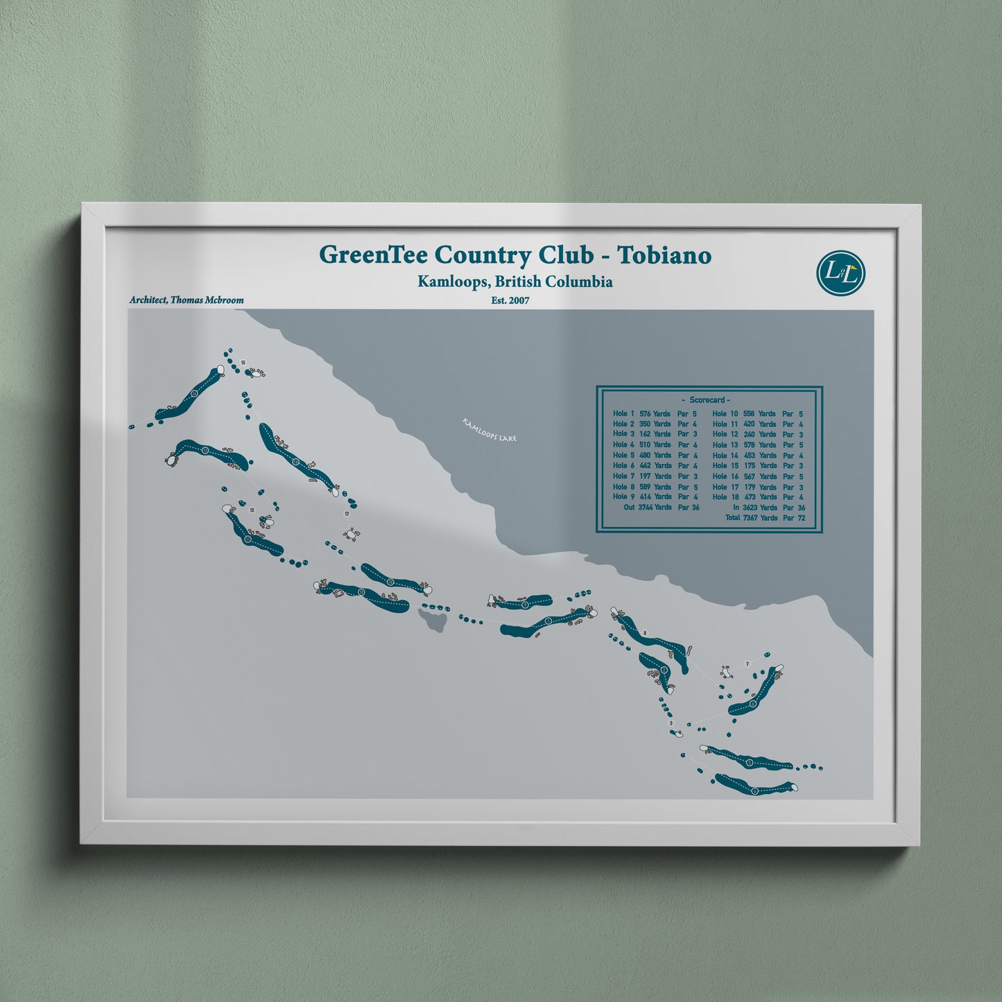 White Framed Course map of GreenTee Country Club Tobiano - Legacy Series