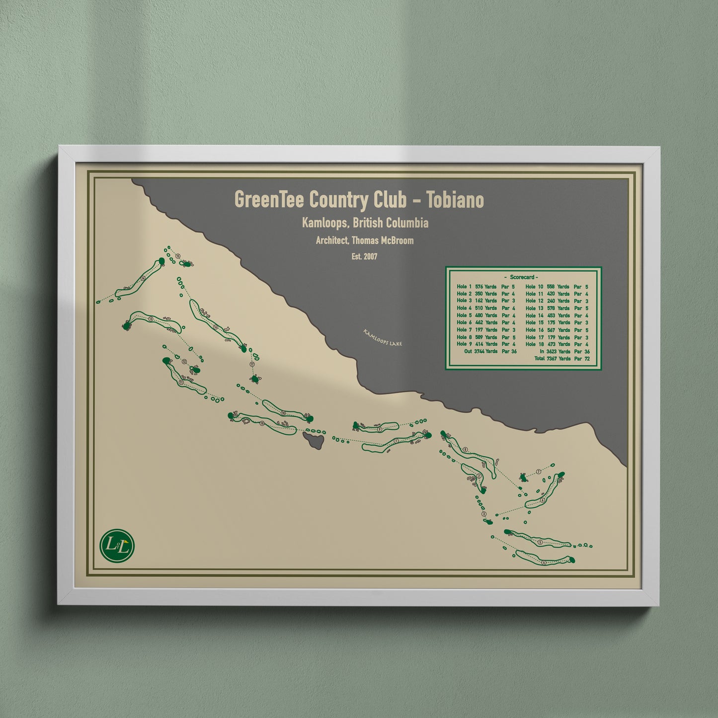 White Framed Course map of GreenTee Country Club Tobiano