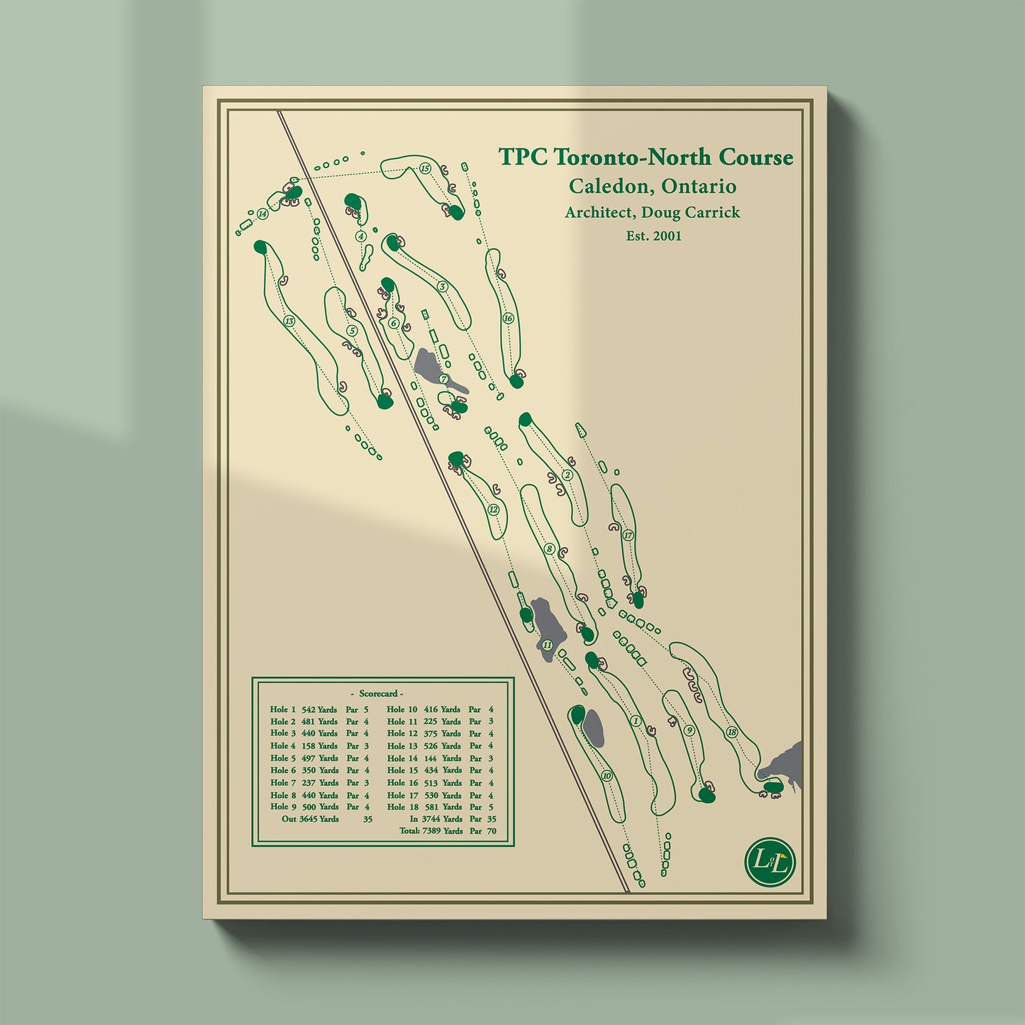 Unframed TPC Toronto North course map poster print showing the full 18 hole routing in Caledon.