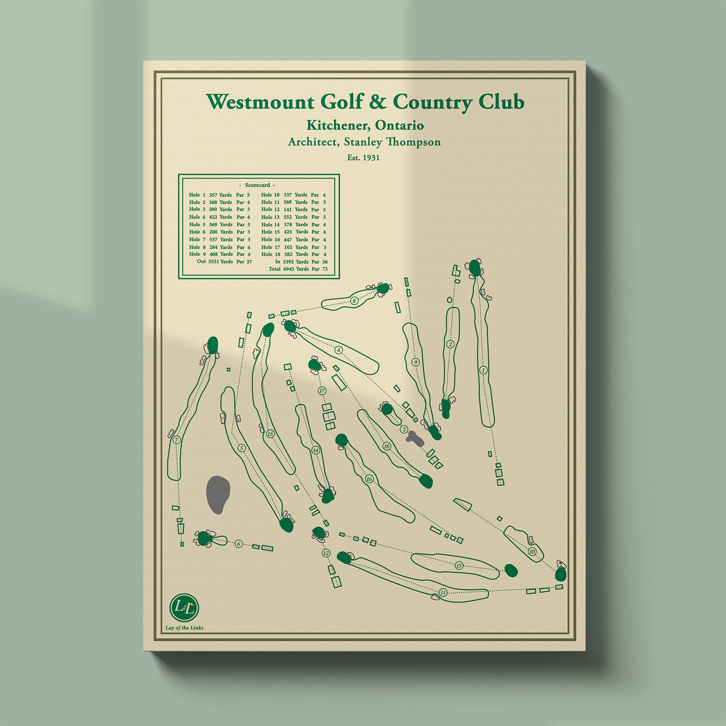 Unframed Westmount course map poster print showing the full 18 hole routing and tree-lined fairways.