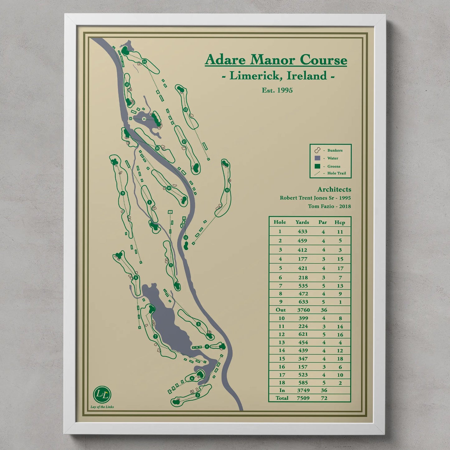 Framed map of Adare Manor Course in Limerick, Ireland on a gray background