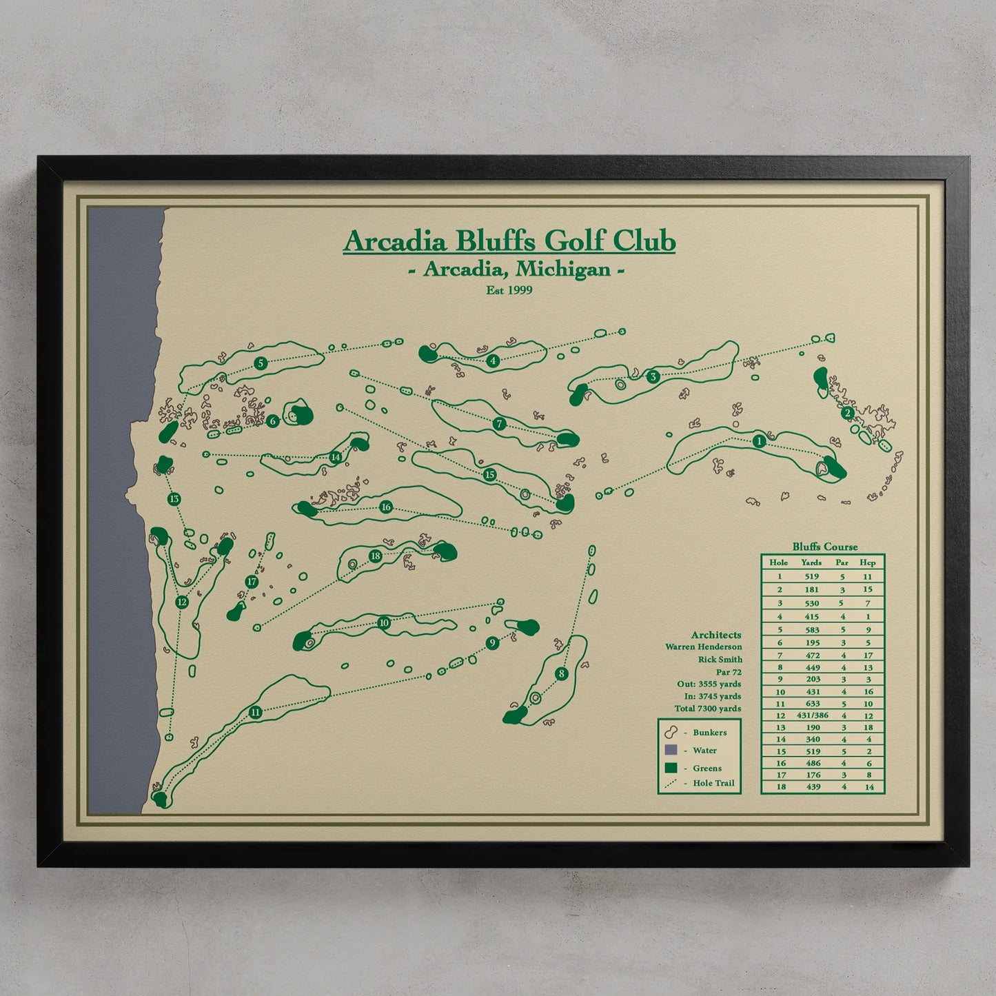 Framed Arcadia Bluffs Golf Course Map Print