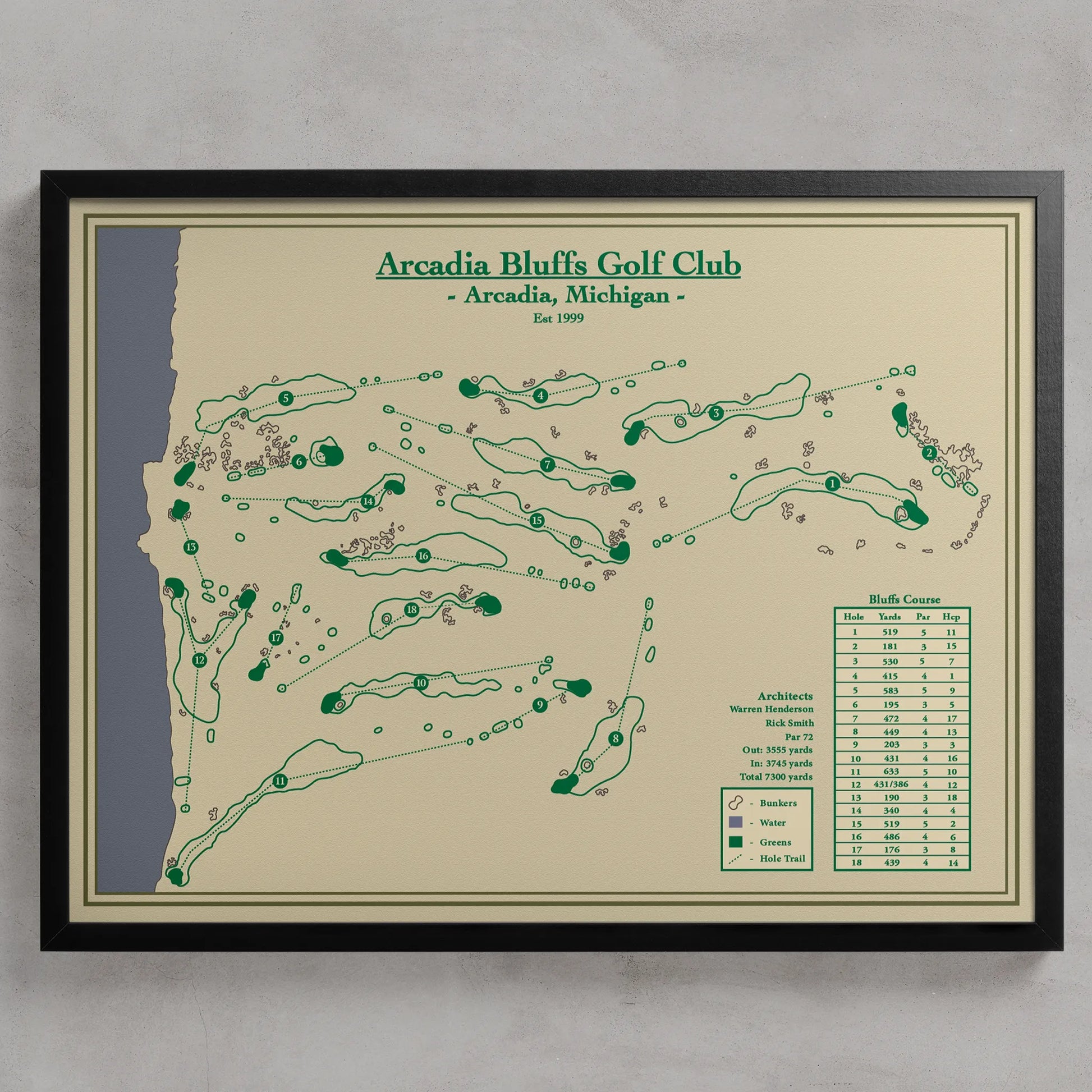 Framed Arcadia Bluffs Golf Course Map Print