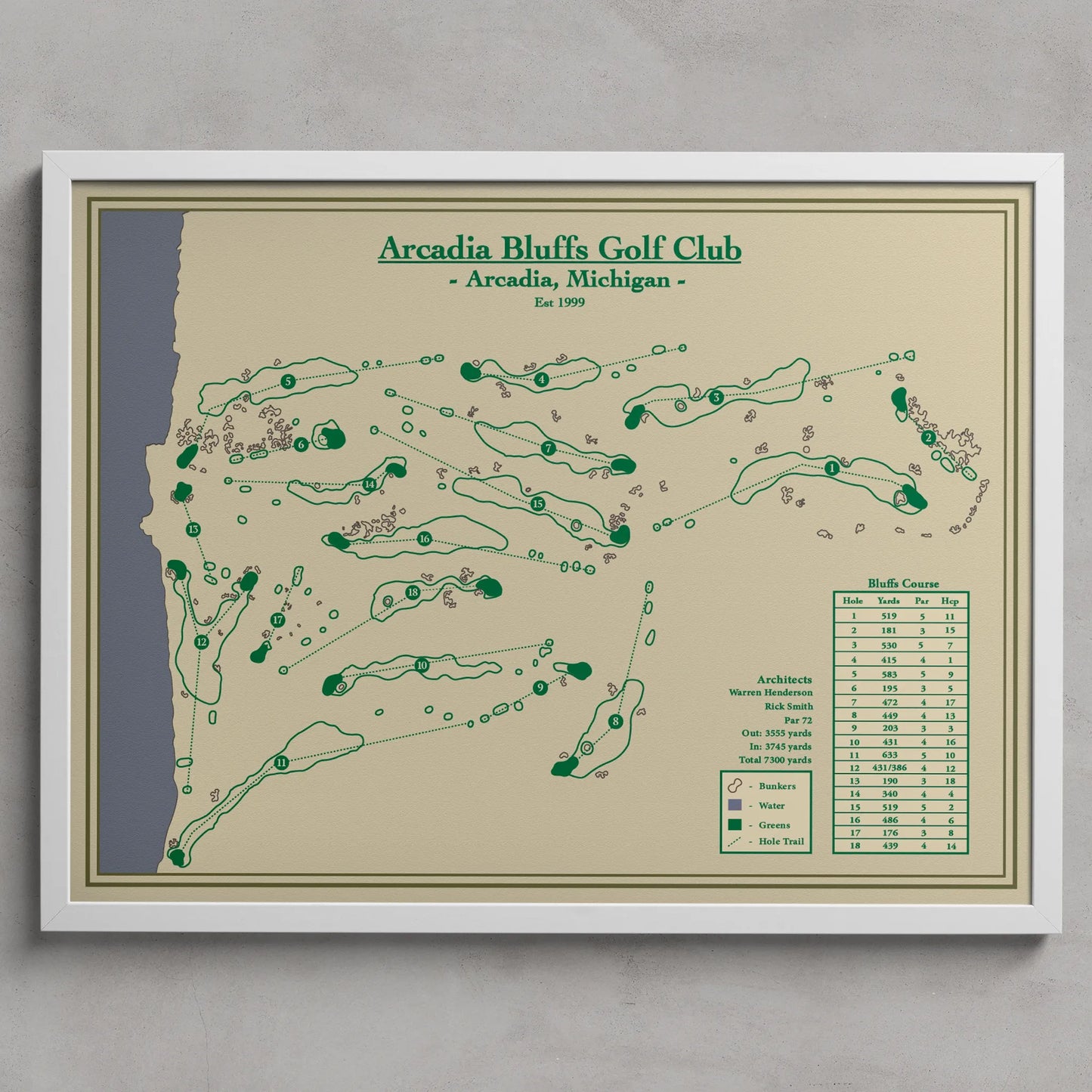 Framed map of Arcadia Bluffs Golf Club with green text and symbols on a beige background.